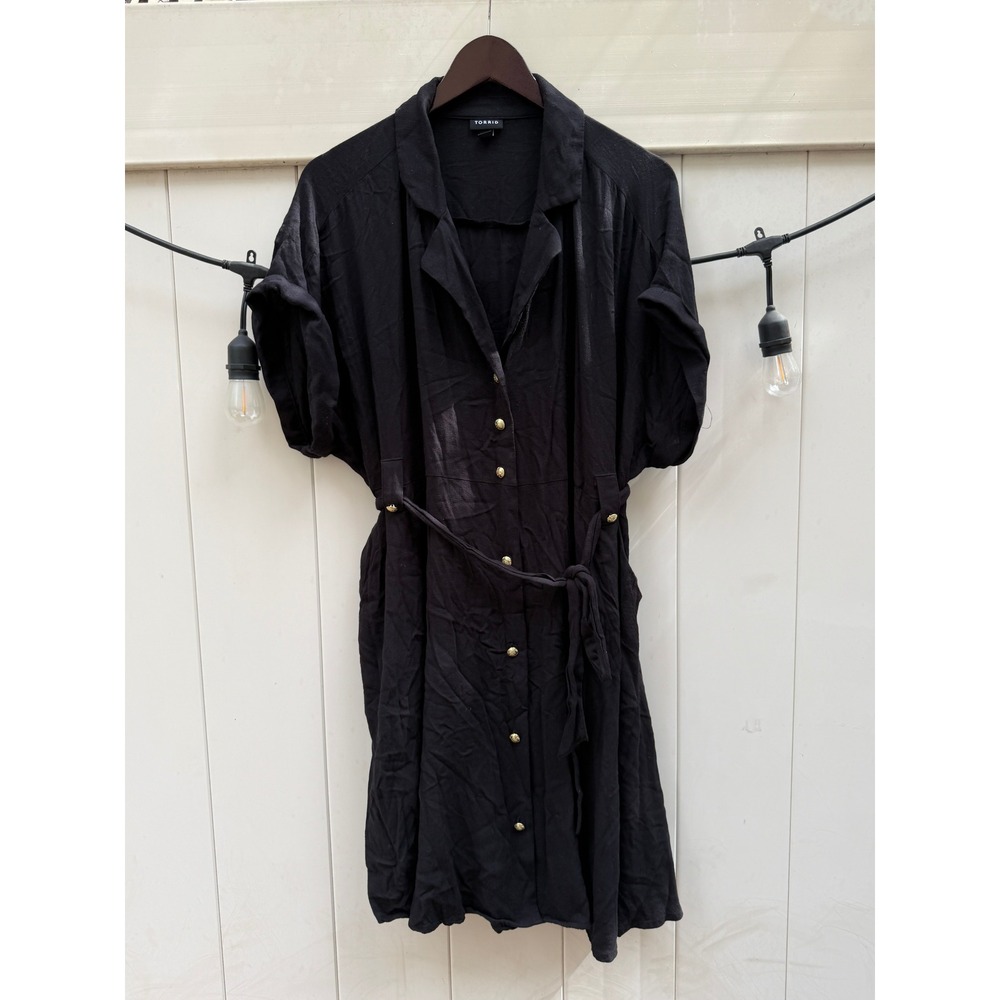 Torrid Black Button Front Shirt Dress Gold Crest Buttons Tie Waist Size 1 L/XL